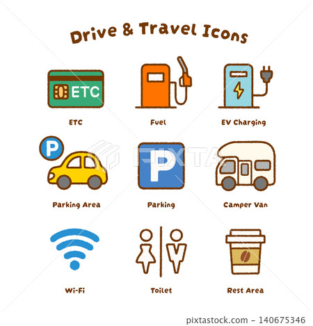 9-piece set of driving and parking icons | ETC, refueling, car 9-piece set of driving and parking icons | ETC, refueling, car 140675346