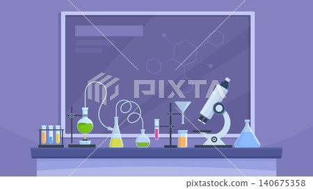 Chemical laboratory. Glassware, beakers, glass flasks, microscope on table. Chemistry or medical, pharmacy lab research. Sapid vector scene Chemical laboratory. Glassware, beakers, glass flasks, microscope on table. Chemistry or medical, pharmacy lab research. Sapid vector scene 140675358