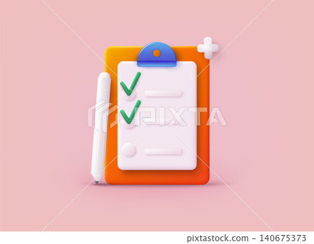 Checklist on a clipboard paper. Successful completion of business tasks. 3D Web Vector Illustrations. Checklist on a clipboard paper. Successful completion of business tasks. 3D Web Vector Illustrations. 140675373