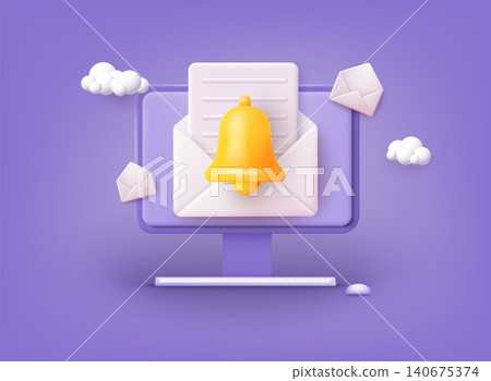 Computer with Notifications. Reminder design mockup. Email marketing, online advertising concept. 3D Web Vector Illustrations. Computer with Notifications. Reminder design mockup. Email marketing, online advertising concept. 3D Web Vector Illustrations. 140675374