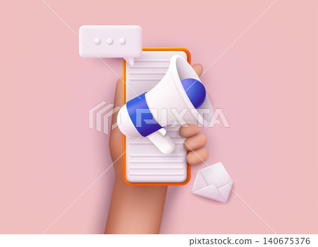 Megaphone on screen mobile phone. Marketing time concept. 3D Vector Illustrations. Megaphone on screen mobile phone. Marketing time concept. 3D Vector Illustrations. 140675376