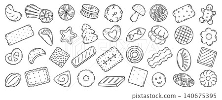 Different doodle cookies. Gingerbread, xmas tree, star and seashell sweet dessert simple style. Isolated tasty food for cafe, bakery products, neoteric vector set Different doodle cookies. Gingerbread, xmas tree, star and seashell sweet dessert simple style. Isolated tasty food for cafe, bakery products, neoteric vector set 140675395