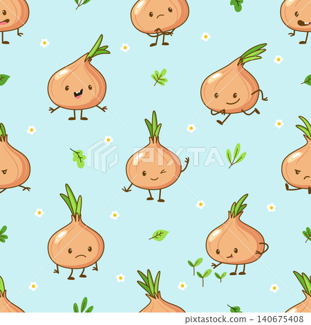 Cartoon onion seamless pattern. Simple kawaii onions, farm vegetables. Funny nature characters, print for wrapping, packing, fabric, nowaday vector background Cartoon onion seamless pattern. Simple kawaii onions, farm vegetables. Funny nature characters, print for wrapping, packing, fabric, nowaday vector background 140675408