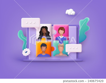 Business concept. Team work concept. People connecting like puzzle elements. 3D Web Vector Illustrations. Business concept. Team work concept. People connecting like puzzle elements. 3D Web Vector Illustrations. 140675420