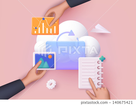 People sharing documents and files using cloud. Digital file organization service or app with data transfering. 3D Web Vector Illustrations. People sharing documents and files using cloud. Digital file organization service or app with data transfering. 3D Web Vector Illustrations. 140675421
