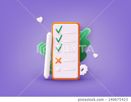 Checklist on a phone screen. Successful completion of business tasks. 3D Web Vector Illustrations. Checklist on a phone screen. Successful completion of business tasks. 3D Web Vector Illustrations. 140675423