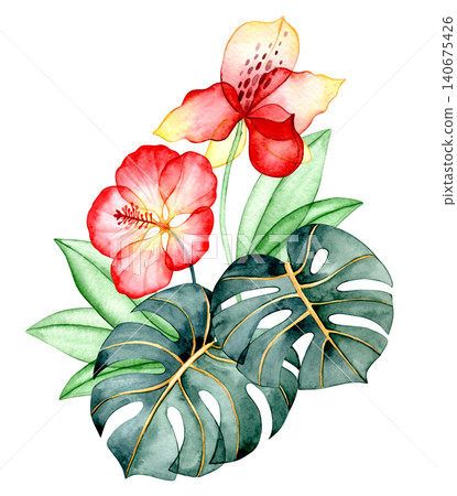 A composition of tropical flowers and leaves. X-ray of plants, watercolor bouquet. A composition of tropical flowers and leaves. X-ray of plants, watercolor bouquet. 140675426