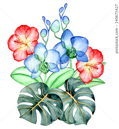 A composition of tropical flowers and leaves. X-ray of plants, watercolor bouquet. A composition of tropical flowers and leaves. X-ray of plants, watercolor bouquet. 140675427
