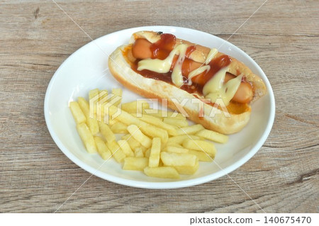 hot dog with cheese dressing ketchup and mayonnaise with French fried fast food on dish 140675470