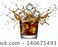 Studio photography of crystal clear ice cubes splashing into cold brew coffee. 140675493