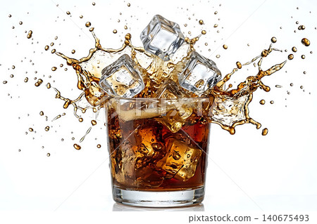 Studio photography of crystal clear ice cubes splashing into cold brew coffee. Studio photography of crystal clear ice cubes splashing into cold brew coffee. 140675493