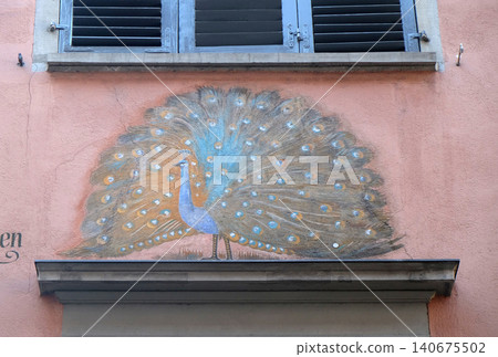 The old mural on the facade of the house shows the peacock in Zurich city center, Switzerland The old mural on the facade of the house shows the peacock in Zurich city center, Switzerland 140675502