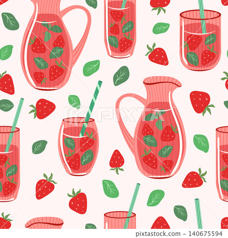 Strawberry lemonade vector seamless pattern. Summer drink in ribbed glasses with straws and pitcher with berry juice, strawberries and mint leaves on light background. Refreshing beverage repeat tile Strawberry lemonade vector seamless pattern. Summer drink in ribbed glasses with straws and pitcher with berry juice, strawberries and mint leaves on light background. Refreshing beverage repeat tile 140675594
