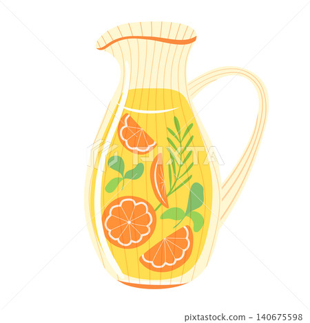 Orange lemonade pitcher vector illustration. Ribbed glass jug with citrus slices, mint and rosemary isolated on white background. Refreshing cold summer beverage clipart for poster, menu, cafe design Orange lemonade pitcher vector illustration. Ribbed glass jug with citrus slices, mint and rosemary isolated on white background. Refreshing cold summer beverage clipart for poster, menu, cafe design 140675598
