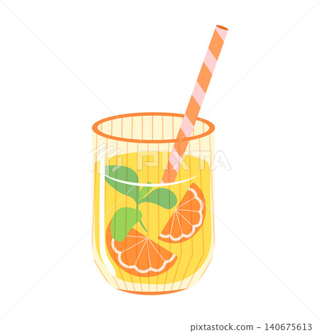 Orange juice drink vector illustration. Ribbed glass with citrus slices, mint leaves and striped straw isolated on white background. Summer beverage clipart for food blog, menu and cafe design Orange juice drink vector illustration. Ribbed glass with citrus slices, mint leaves and striped straw isolated on white background. Summer beverage clipart for food blog, menu and cafe design 140675613