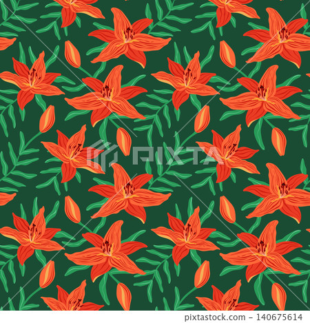 Orange lily seamless pattern vector illustration. Blooming tiger lily flowers, buds and leaves on dark green background. Vibrant botanical print for textile, wallpaper. Floral fire lily repeat tile Orange lily seamless pattern vector illustration. Blooming tiger lily flowers, buds and leaves on dark green background. Vibrant botanical print for textile, wallpaper. Floral fire lily repeat tile 140675614