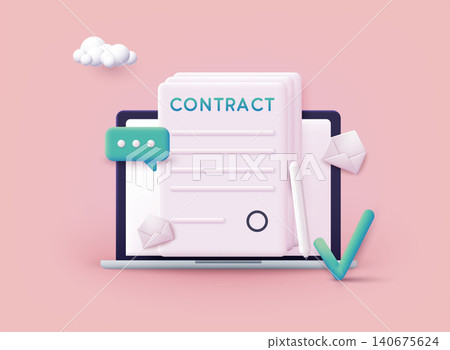 Contract papers. Document. Digital signature concept. Businessman signing an agreement or contract online.3D Web Vector Illustrations. Contract papers. Document. Digital signature concept. Businessman signing an agreement or contract online.3D Web Vector Illustrations. 140675624