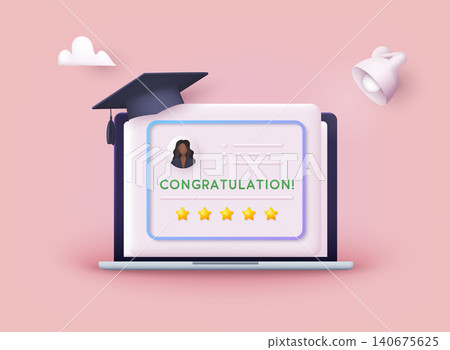 Icon of graduation certificate with cup, diploma. 3D Web Vector Illustrations. Icon of graduation certificate with cup, diploma. 3D Web Vector Illustrations. 140675625