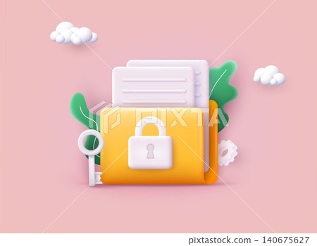 Folder lock icon. Data security and privacy concept. Safe confidential information. Concept for web page, banner, presentation, social media, documents, cards, posters. 3D Web Vector Illustration. Folder lock icon. Data security and privacy concept. Safe confidential information. Concept for web page, banner, presentation, social media, documents, cards, posters. 3D Web Vector Illustration. 140675627