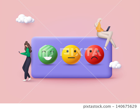 People Characters Giving Feedback. Vector customer review concepts. Rating scale of red, orange, yellow and green emoticons. Reviews stars with good and bad rate and text. 3D Web Vector Illustrations. People Characters Giving Feedback. Vector customer review concepts. Rating scale of red, orange, yellow and green emoticons. Reviews stars with good and bad rate and text. 3D Web Vector Illustrations. 140675629