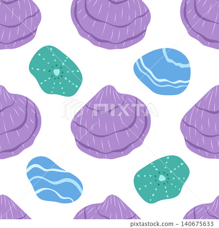 Seashells seamless pattern vector illustration. Purple scallop shells, blue sea stones and teal pebbles on white background. Coastal marine repeat tile design for summer textile, fabric, wrapping Seashells seamless pattern vector illustration. Purple scallop shells, blue sea stones and teal pebbles on white background. Coastal marine repeat tile design for summer textile, fabric, wrapping 140675633