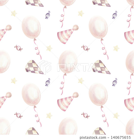 Festive seamless pattern with balloons, party hats and candies. Hand drawn isolated watercolor. Pastel clip art for birthday and baby shower decor. Suitable for wrapping paper and textiles. Festive seamless pattern with balloons, party hats and candies. Hand drawn isolated watercolor. Pastel clip art for birthday and baby shower decor. Suitable for wrapping paper and textiles. 140675655