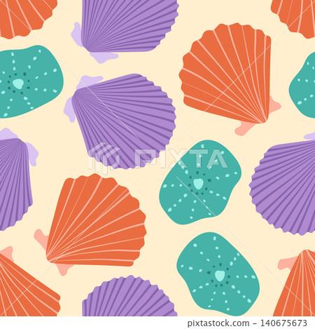 Scallop shells seamless pattern vector illustration. Large colorful seashells and sea stones scattered on cream background. Playful summer underwater repeat tile design for kids textile, swimwear Scallop shells seamless pattern vector illustration. Large colorful seashells and sea stones scattered on cream background. Playful summer underwater repeat tile design for kids textile, swimwear 140675673