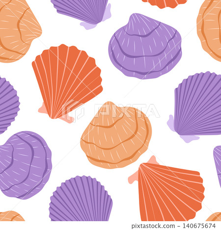 Seashells vector seamless pattern. Playful purple and orange scallop shells and clam shells on white background. Cute summer underwater repeat tile. Modern marine print design for textile, wallpaper Seashells vector seamless pattern. Playful purple and orange scallop shells and clam shells on white background. Cute summer underwater repeat tile. Modern marine print design for textile, wallpaper 140675674