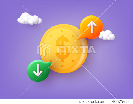 Cost of dollar with arrow down and up. Coin of dollar with loss or growth. Increase and low of revenue. 3D Web Vector Illustrations. Cost of dollar with arrow down and up. Coin of dollar with loss or growth. Increase and low of revenue. 3D Web Vector Illustrations. 140675694