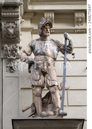 Statue of Austrian soldiers on the portal of City Hall. Graz is the capital city of Styria, Austria 140675697