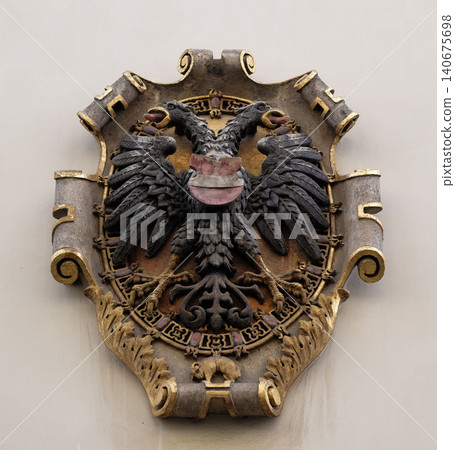 Facade coat of arms on the Landhaus historic center listed as World Heritage by UNESCO in Graz, Styria, Austria Facade coat of arms on the Landhaus historic center listed as World Heritage by UNESCO in Graz, Styria, Austria 140675698