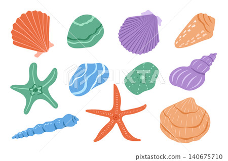Seashell and starfish vector set. Colorful scallop, conch, spiral shells, sea stones and starfish isolated on white background. Marine clipart for summer, beach, coastal and nautical design 140675710
