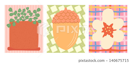 Cute modern nature posters vector set. Potted plant, acorn and daisy flower illustrations on colorful textured backgrounds. Whimsical botanical cards for wall art, print, decoration in flat style Cute modern nature posters vector set. Potted plant, acorn and daisy flower illustrations on colorful textured backgrounds. Whimsical botanical cards for wall art, print, decoration in flat style 140675715