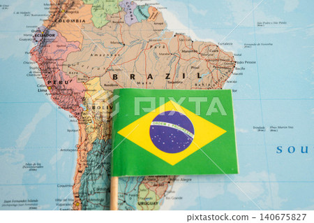 Bangkok, Thailand November, 2025 Brazil flag on world map. Bangkok, Thailand November, 2025 Brazil flag on world map. 140675827
