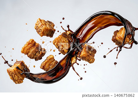 Studio shot of golden crispy pork belly cubes with dark sweet soy sauce splash. Studio shot of golden crispy pork belly cubes with dark sweet soy sauce splash. 140675862