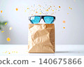 Sunglasses on top of brown paper bag with floating yellow geometric shapes 140675866