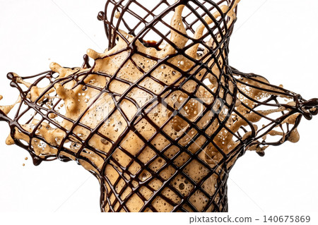 Symmetrical cross intersection splash of coffee cream wrapped in chocolate netting. Symmetrical cross intersection splash of coffee cream wrapped in chocolate netting. 140675869