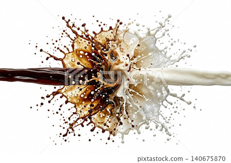 Symmetrical food photography of black coffee and white cream powerful explosion wave. 140675870