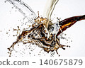 Three way impact splash featuring streams of fresh milk water and dark espresso. 140675879