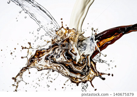 Three way impact splash featuring streams of fresh milk water and dark espresso. Three way impact splash featuring streams of fresh milk water and dark espresso. 140675879