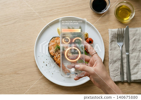 Top down view of food scanner scanning cooked salmon fillet Top down view of food scanner scanning cooked salmon fillet 140675880