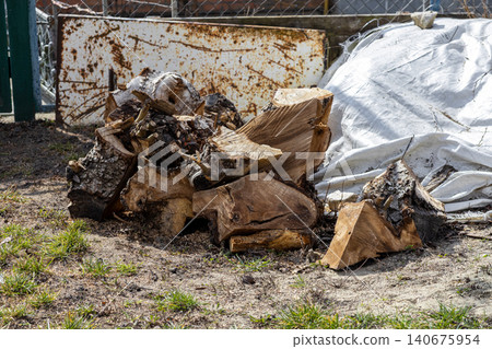Stacked split logs of birch and hardwood rest on bare ground beside a weathered metal fence and white tarp, conveying a rural lifestyle, warmth preparation, and seasonal energy Stacked split logs of birch and hardwood rest on bare ground beside a weathered metal fence and white tarp, conveying a rural lifestyle, warmth preparation, and seasonal energy 140675954