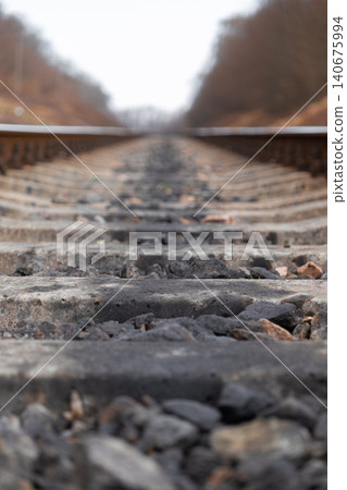 Low angle view of abandoned railway tracks stretching into the horizon, conveying a sense of perspective, journey, and distance during a quiet autumn day in a rural forest landscape Low angle view of abandoned railway tracks stretching into the horizon, conveying a sense of perspective, journey, and distance during a quiet autumn day in a rural forest landscape 140675994