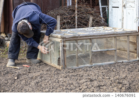 An elderly man carefully repairs a vintage glass cold frame in his rural garden, fixing old wooden window panes to build a rustic greenhouse for early seasonal vegetable growth An elderly man carefully repairs a vintage glass cold frame in his rural garden, fixing old wooden window panes to build a rustic greenhouse for early seasonal vegetable growth 140676091