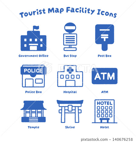 A simple and easy-to-use set of facility icons | Tourist information, bus stops, accommodations 140676258