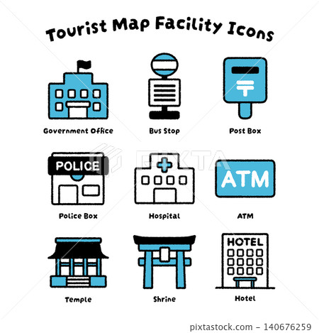 一套包含 9 個簡單易用的旅遊資訊設施圖示 | 地圖和材料 一套包含 9 個簡單易用的旅遊資訊設施圖示 | 地圖和材料 140676259