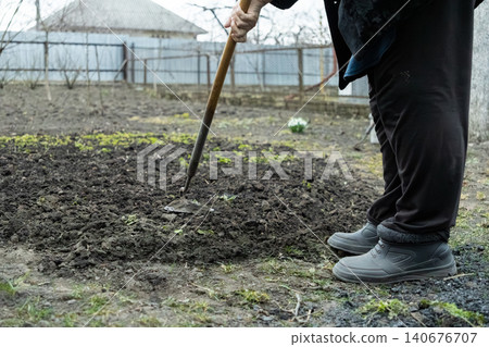 A senior person uses a metal hoe to cultivate dark fertile soil in a rural backyard garden plot, embodying a dedicated lifestyle of spring planting, seasonal farming and earthy growth A senior person uses a metal hoe to cultivate dark fertile soil in a rural backyard garden plot, embodying a dedicated lifestyle of spring planting, seasonal farming and earthy growth 140676707