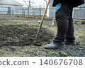 A person using a long-handled hoe to cultivate soil in a garden, emphasizing manual labor, agricultural activity, and the preparation of land for planting during early spring season 140676708