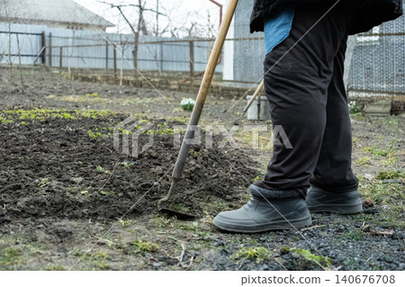 A person using a long-handled hoe to cultivate soil in a garden, emphasizing manual labor, agricultural activity, and the preparation of land for planting during early spring season 140676708