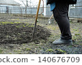 A gardener uses a traditional metal hoe to cultivate dark soil in a backyard vegetable patch, representing seasonal rural labor, sustainable small-scale farming, and spring work 140676709